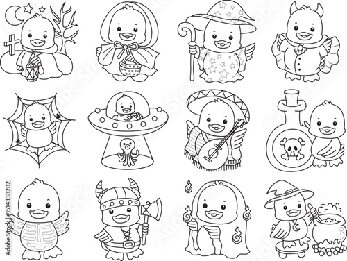 Coloring book of Cute Duck icon. Outline of  Funny baby Duck animal series stock illustration. life of fluffy Duck designs.