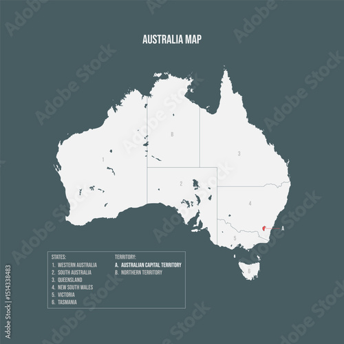 Australia Map with 6 States and 2 Territory - Australian Capital Territory