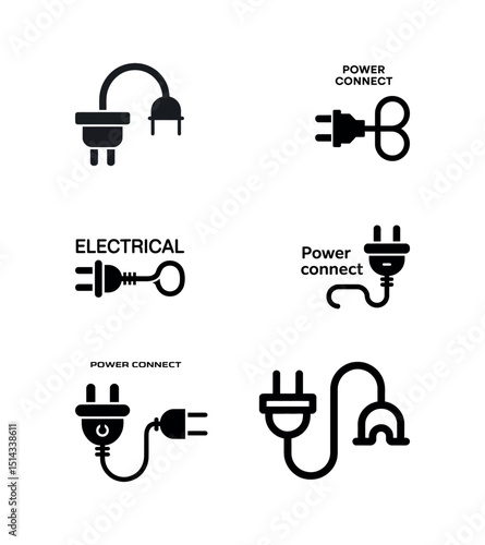 Electric power plug icon set. Electricity wire cord socket sign. Electrical symbol element. Vector stock illustration. Thunder bolt lightning icons set.