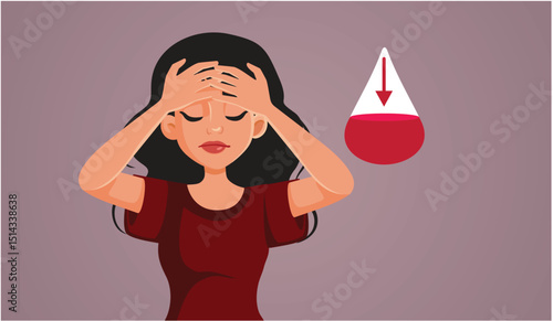 Woman Feeling Dizzy Suffering from Anemia Vector Illustration. Lightheaded vulnerable female patient with iron deficiency 
