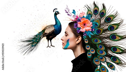 Woman with Peacock Feathers and Floral Headdress Artistic Profile View
