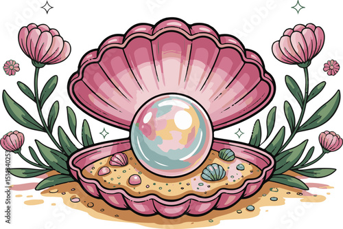 A soft pink seashell half-open with flower beach summer vector file.