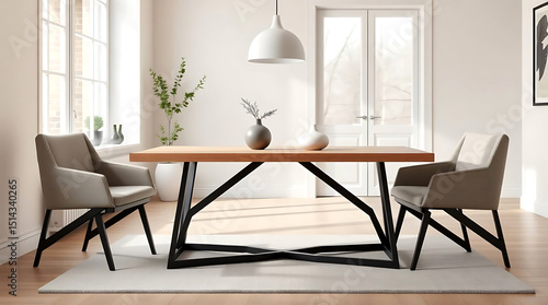 A modern, minimalist wooden dining table.