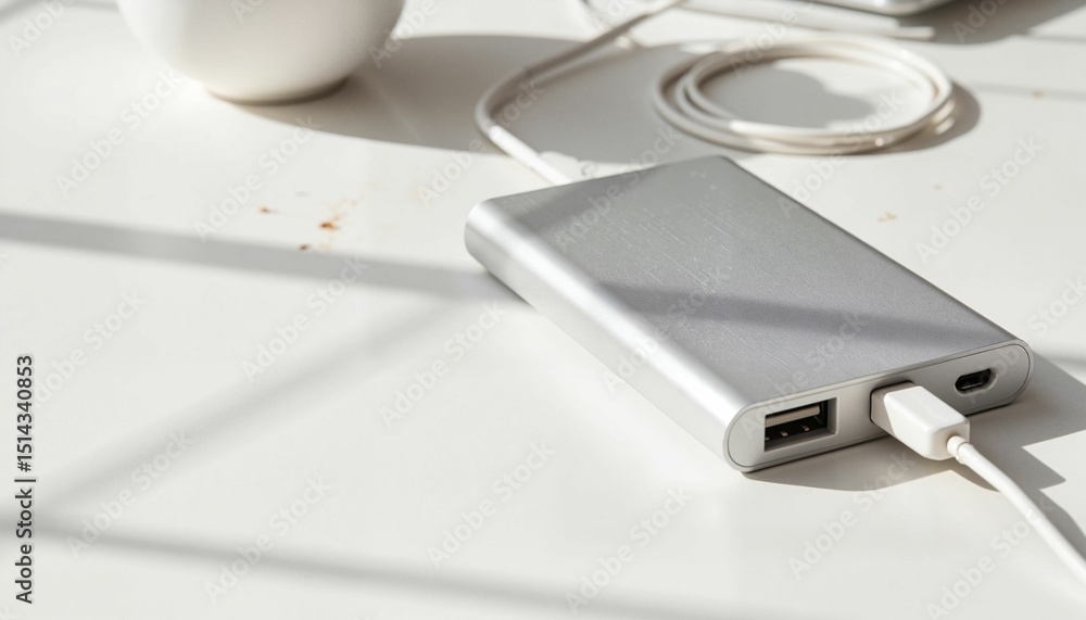 Fototapeta premium Portable silver power bank charging with cable on a white table 