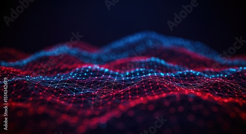 Abstract wavy pattern with red and blue dots on a dark background.