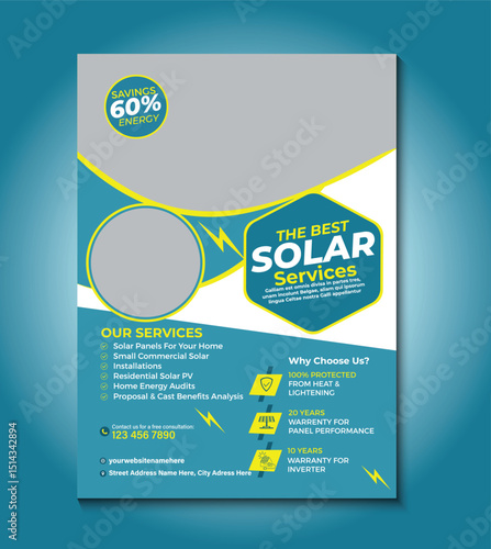 Promote your solar business with this modern, professional flyer template. Ideal for eco-friendly energy services, it’s fully customizable, print-ready, and easy to edit in minutes.