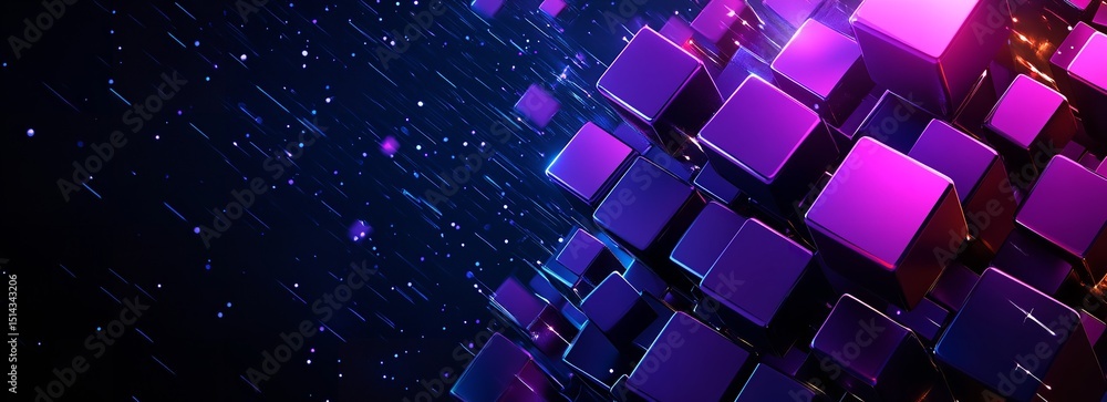 Abstract digital cascade of luminous purple cubes floating in a dynamic space with dark ambient background and Abstract digital cascade of luminous purple cubes floating in a dynamic space with dark ambient background and