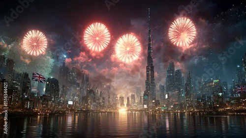 Spectacular fireworks illuminate the Dubai skyline, creating a vibrant celebration over the water