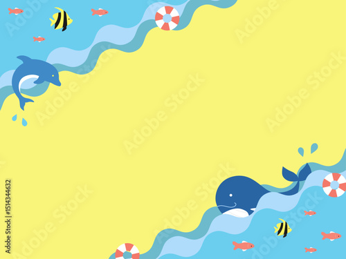 ポップな海の仲間たちの背景素材 ( 夏　フレーム　見出し　タイトル　セール　イルカ　クジラ　波　うみ　なつ )