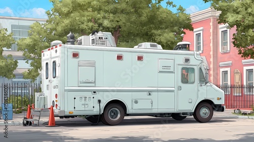 Mobile Command Center on a City Street with Trees in Background