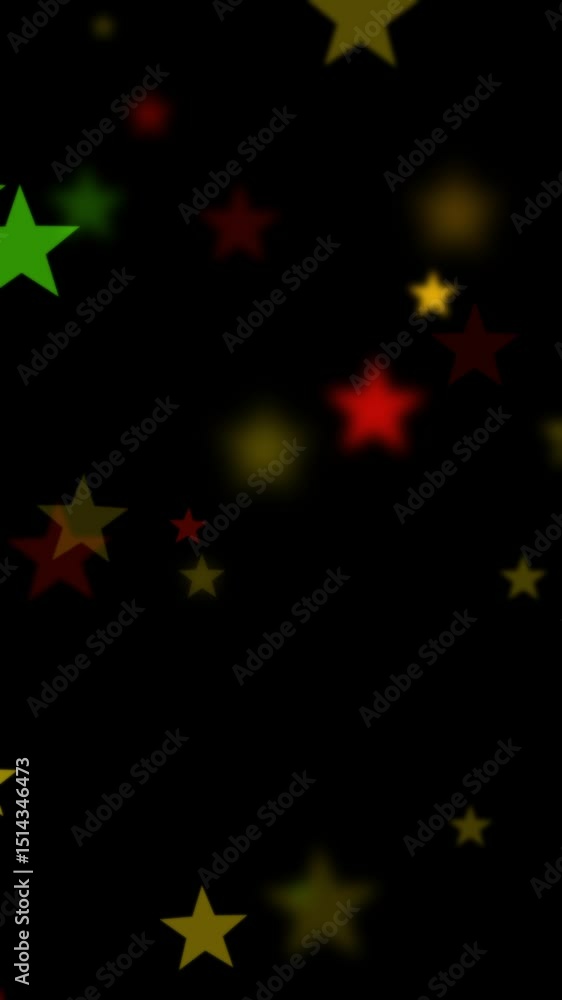 Stars twinkling in bold red, yellow, and green colors flashing on black background for Juneteenth, or Freedom Day, to commemorate the ending of slavery June 19th 1865 in the United States of America. Stars twinkling in bold red, yellow, and green colors flashing on black background for Juneteenth, or Freedom Day, to commemorate the ending of slavery June 19th 1865 in the United States of America.