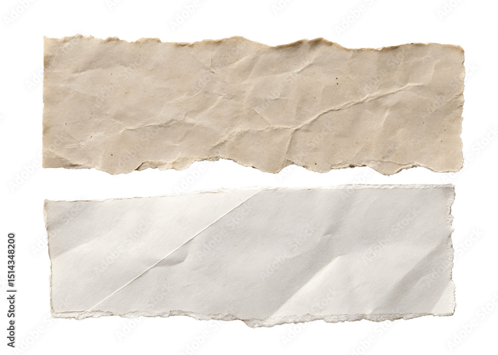 Fototapeta premium Two torn paper pieces, brown and white, isolated on transparent background