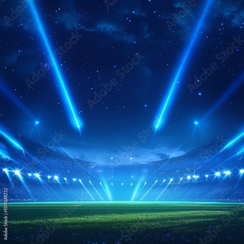 beautiful sports stadium with a green grass field shines with blue spotlights at night with stars. Sports tournament, world championship