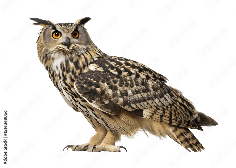 Naklejka premium Eurasian eagle owl isolated on transparent background, a nocturnal bird of prey