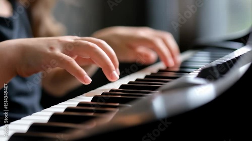 Close up of child's hands playing a keyboard.  Black and white keys, soft lighting, shallow depth of field