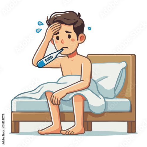 Ill Cartoon Man Lying in Bed with Thermometer Experiencing Fever Symptom