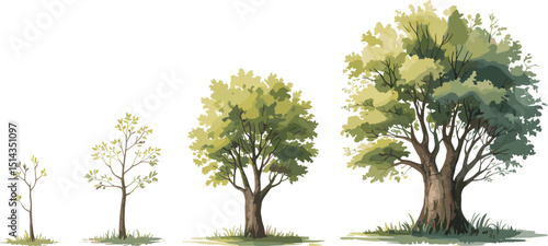 Tree Growth Stages Illustration: From Sapling to Mature Oak - Nature Evolution Concept