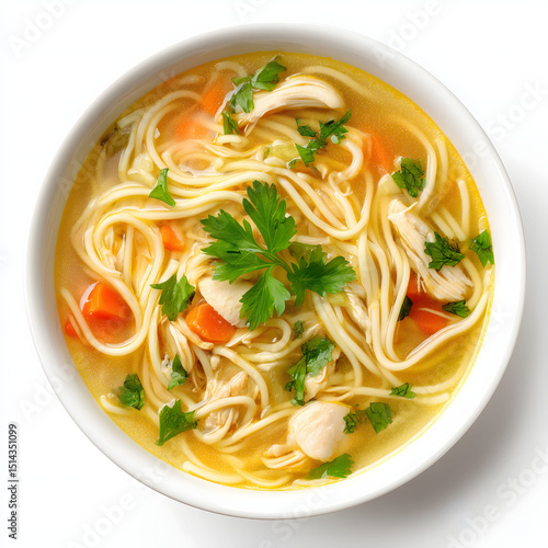 an inviting display of steaming chicken noodles isolated on white background showcasing simplicity and radiance through clean studio setup