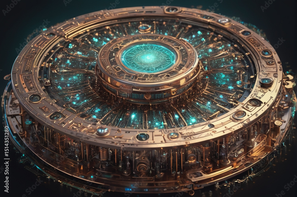 Obraz premium Futuristic Quantum Device with Illuminated Core and Circuits. Generative AI.
