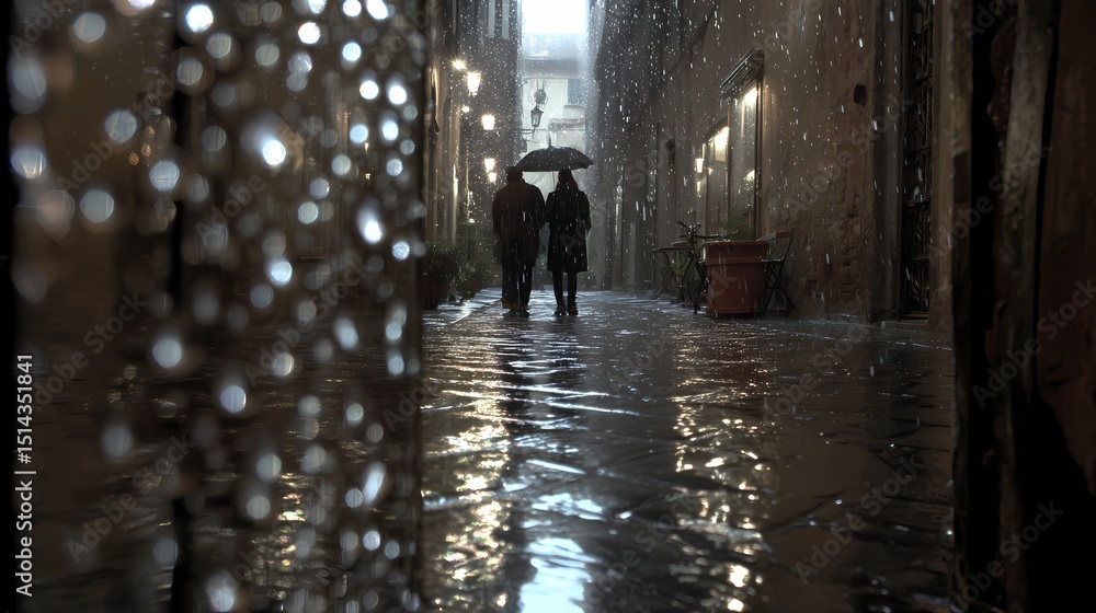 Obraz premium Romantic Stroll in Rainy Alley with Umbrella and Reflections