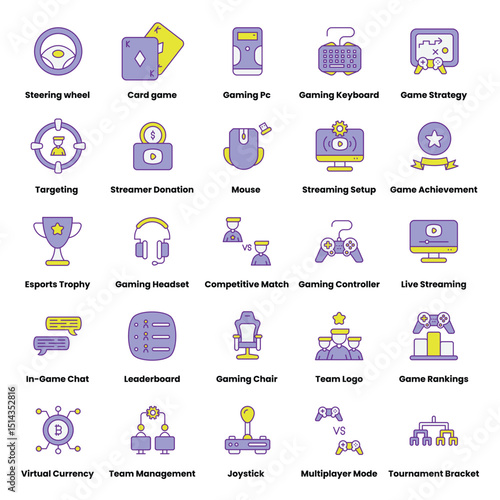 An array of gamingthemed icons with violet outlines and yellow fills each labeled with a descriptive title