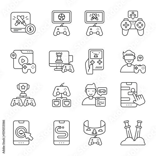 Gaming icons display varied platforms PC mobile VR with controller elements