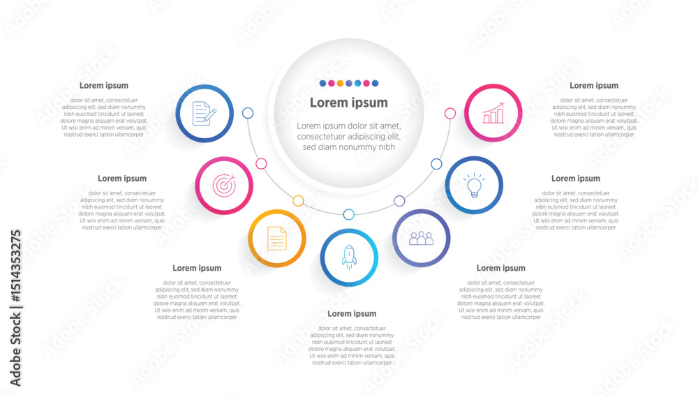 Fototapeta premium Modern Horizontal progress bar featuring 7 shaped elements, symbolizing the seven stages of business strategy and progression. Clean timeline infographic design template. Vector for presentation