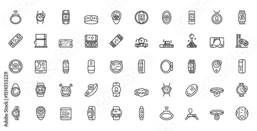 Icons showing various wearable technologies  gadgets arranged in neat rows