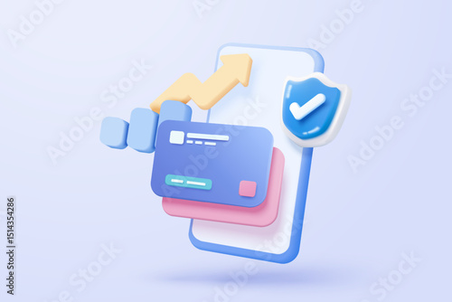 3D credit card money financial security for online shopping, online payment credit card with payment protection concept. 3d vector render for business finance, shopping with mobile security concept