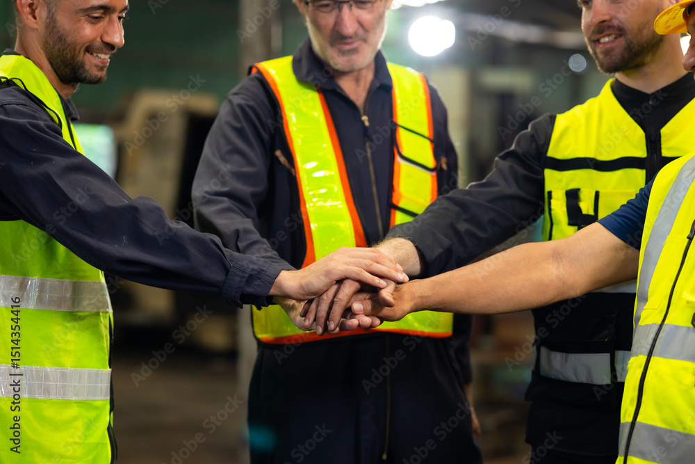 © NVB Stocker - team hands together. Professional team working at workplace. Unity and teamwork. Group portrait engineer factory manager worker and mechanic team together in factory workplace © NVB Stocker - team hands together. Professional team working at workplace. Unity and teamwork. Group portrait engineer factory manager worker and mechanic team together in factory workplace