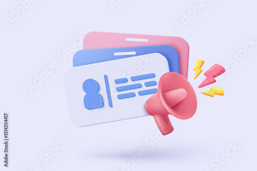 3d business card and megaphone speaker or loudspeaker bullhorn for announce branding identity, megaphone loud hailer with staff resources. 3d speakerphone notice icon vector render illustration
