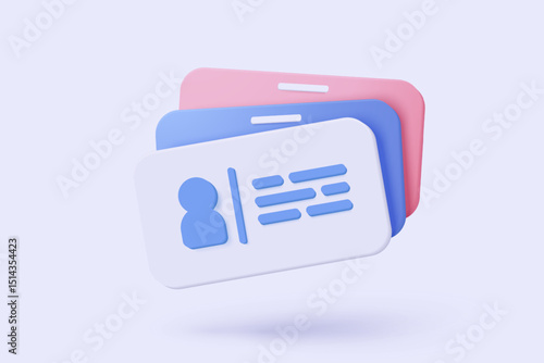 3d business card icon for presentation branding, corporate identity, advertising contact. Card with personal badge, human resources, staff company. 3d identity profile icon vector render illustration