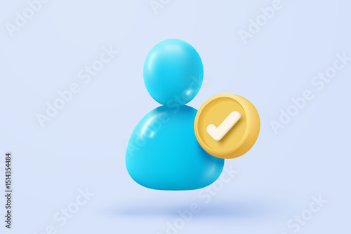 3d user profile icon or social avatar signs and business communication staff person. Identity verification success with checkmark. 3d round account manager button icon vector render illustration