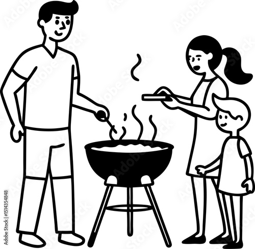 Family enjoying a barbecue together in a simple black and white illustration