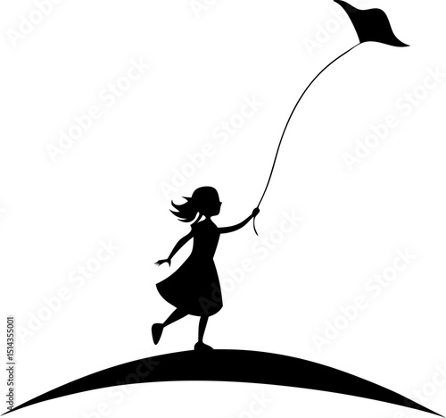Silhouette of a joyful girl running and flying a kite on a grassy hilltop against a white background.