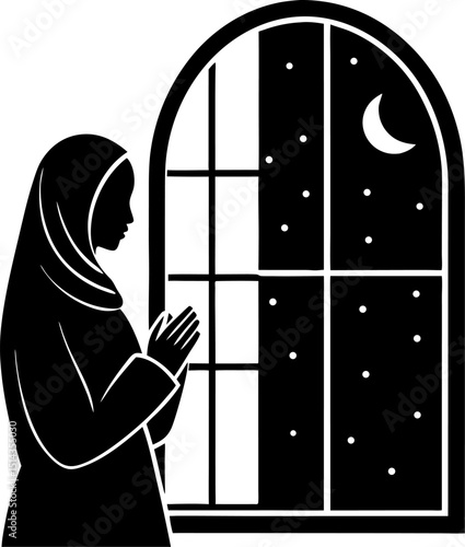 Silhouette of a praying woman gazing out a window at night with a crescent moon
