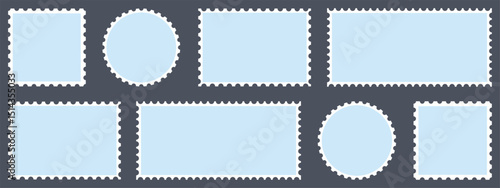 Blue postage stamps set. Post stamp frames and borders. Ellipse, rectangle, square template for mail, postcard, letter, note. Jagged wavy edge forms. Vector zigzag objects for badge, sticker, photo.