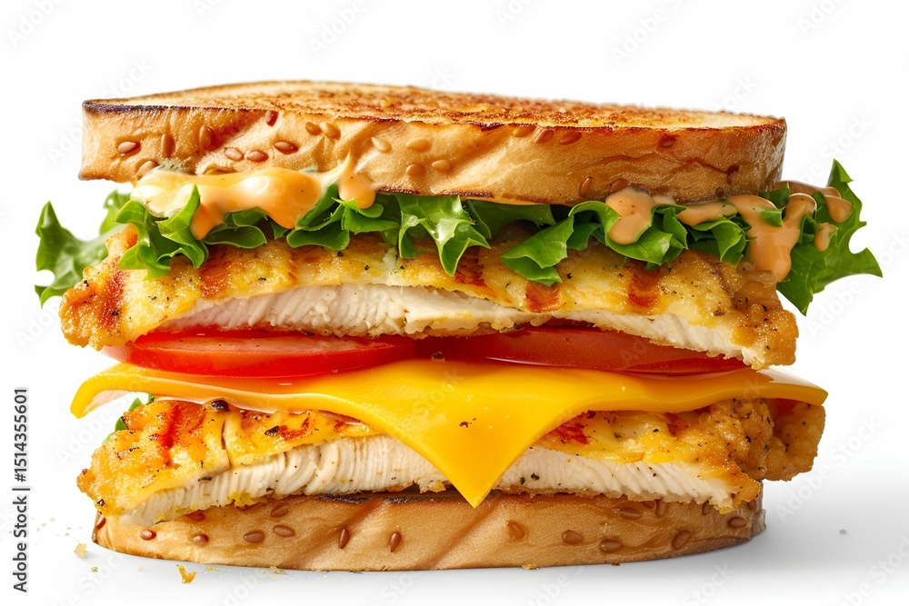 Stacked chicken sandwich with lettuce, tomato, and cheese, isolated on white background. Stacked chicken sandwich with lettuce, tomato, and cheese, isolated on white background.