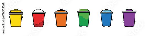 Trash and Recycling Bin Icon Set Representing Waste Management and Eco Disposal