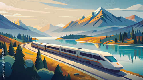 Mountain landscape with a train by a lake under a vast sky, reflecting the serene nature and travel through the European Alps