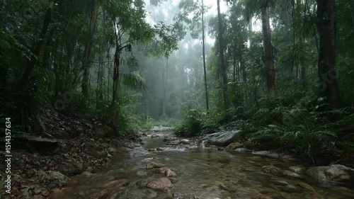 Misty forest creek with calm water flowing over rocks and green trees in serene mist