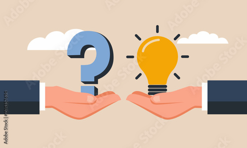 A question mark and a light bulb in hands, representing problem-solving, innovation, and critical thinking. Flat vector illustration