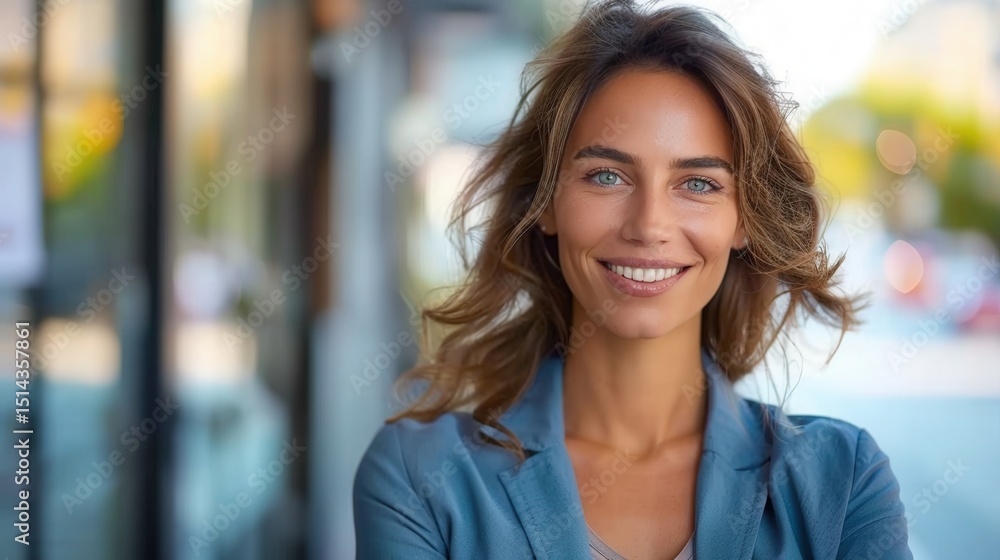 Obraz premium A radiant woman with a bright smile exudes confidence in a soft, naturally lit portrait.
