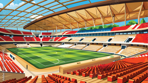Empty red and blue stadium seats in an arena with a green sports field