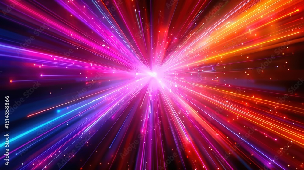 Striking abstract composition featuring vibrant light beams radiating outwards in space. Striking abstract composition featuring vibrant light beams radiating outwards in space.