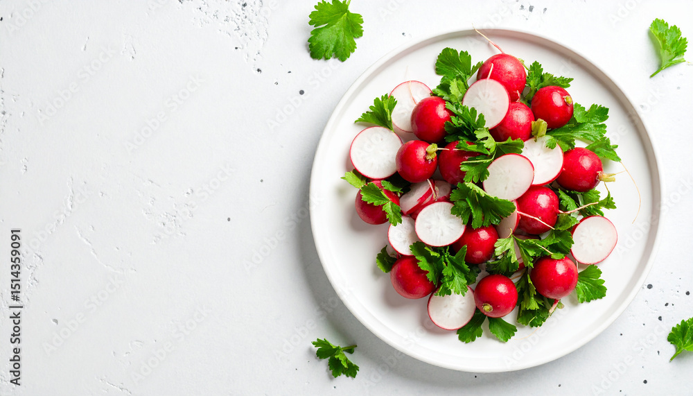Top view of small radish on a white plate and background. Healthy ingredients radish. Top view of small radish on a white plate and background. Healthy ingredients radish.