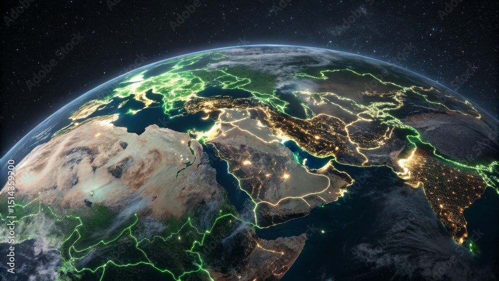 Obraz premium Satellite view of Earth at night showing illuminated cities across Europe, the Middle East, and northern Africa with highlighted country borders.