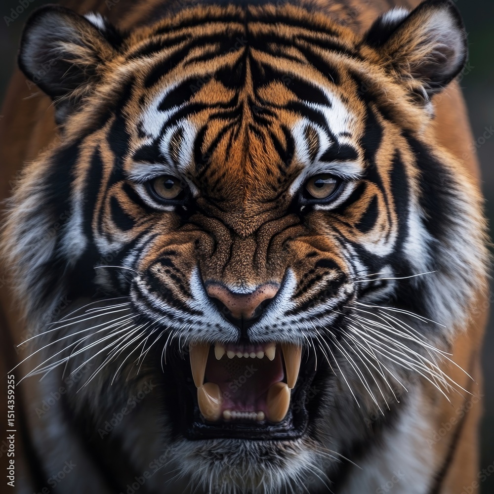 Close-up of an angry tiger face isolated. Head front view. Generative AI Close-up of an angry tiger face isolated. Head front view. Generative AI