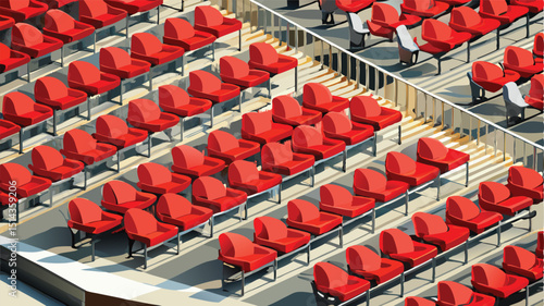 Red plastic chairs in rows form an empty stadium pattern, abstractly representing a group workforce