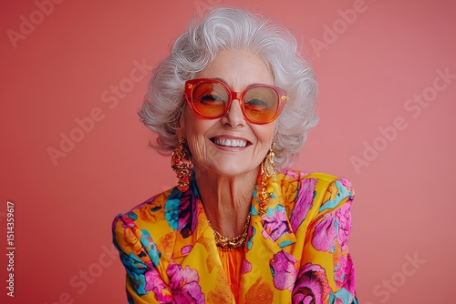Happy senior woman in colorful neon outfit, funny sunglasses and extravagant style, laughing and smiling, trendy grandma posing in studio